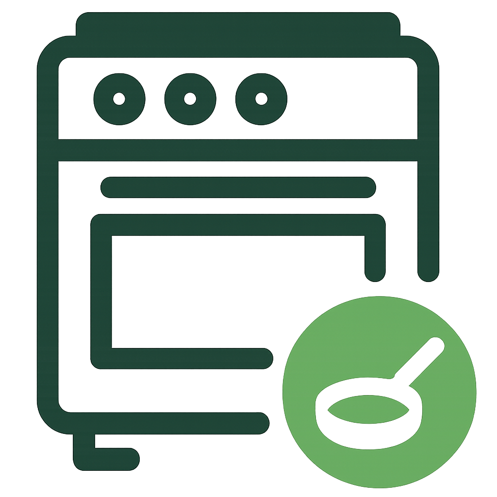 Green kitchen oven with frying pan icon